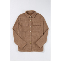 Dark Khaki Solid Color Corduroy Buttoned Long Sleeve Shacket - S thumbnail