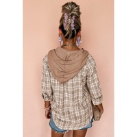 Khaki Checkered Print Loose Fit Buttoned Hooded Shacket - L thumbnail