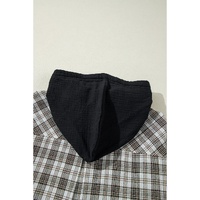 Black Checkered Print Loose Fit Buttoned Hooded Shacket - M thumbnail