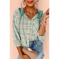 Green Checkered Print Loose Fit Buttoned Hooded Shacket - L thumbnail
