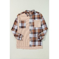 Khaki Thermal Knit Plaid Patchwork Shacket - L thumbnail