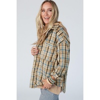 Ashleigh Blue Waffle Knit Patchwork Hooded Plaid Shacket - S thumbnail