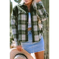 Blackish Green Snap Buttons Colorblock Plaid Shacket - L thumbnail