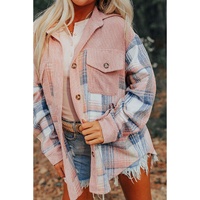 Light Pink Plaid Corduroy Patchwork Chest Pocket Shacket - L thumbnail