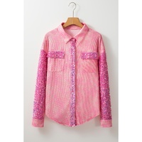 Apricot Pink Mineral Wash Sequin Patchwork Flap Pocket Shacket - S thumbnail