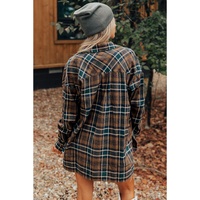 Brown Plaid Print Chest Pockets Buttoned Shirt Jacket - L thumbnail