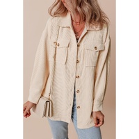 Oatmeal Corduroy Flap Pocket Button Up Shacket - M thumbnail