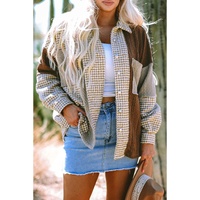 Khaki Houndstooth Color Contrast Textured Patchwork Loose Shacket - L thumbnail