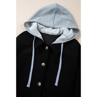 Black Hooded Drawstring Pockets Corduroy Shacket - L thumbnail