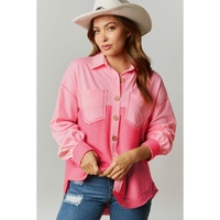 Peach Blossom Two Tone Contrast Waffle Knit Buttoned Loose Shacket - 2XL thumbnail