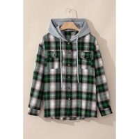 Green Plaid Print Chest Pocket Buttoned Hooded Shacket - S thumbnail