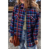 Navy Blue Plaid Flap Pocket Button Up Shacket - S thumbnail