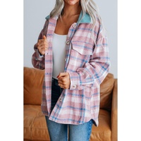 Pink Plaid Print Color Block Collared Flap Pockets Loose Shacket - L thumbnail