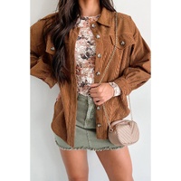 Cinnamon Corduroy Flap Pocket Button Up Round Hem Shacket - M thumbnail