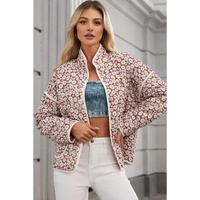 Pink Floral Print Contrast Edge Pocketed Stand Neck Jacket - L thumbnail