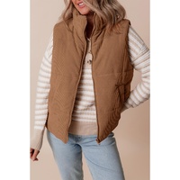 Coffee Corduroy Stand Neck Zipped Puffer Vest - M thumbnail