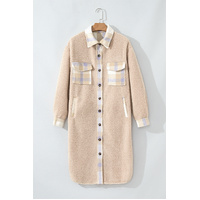 Smoke Gray Plaid Patchwork Collared Button-up Sherpa Long Coat - L thumbnail