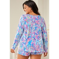 Sky Blue Plus Size Floral Print Long Sleeve and Shorts Lounge Outfit - 2X thumbnail