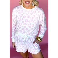 Pink Leopard Print Long Sleeve Top Plus Size Shorts Set - 1X thumbnail