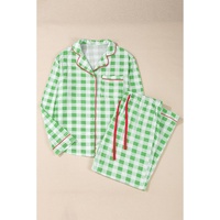 Green Plaid Print Contrast Trim Long Sleeve Plus Size Pajama Set - 2X thumbnail