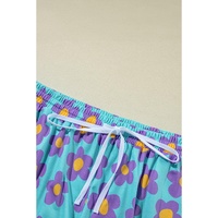 Sky Blue Cute Flower Print Contrast Trim Plus Size Short PJ Set - 1X thumbnail