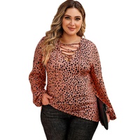 Leopard Plus Size Puff Sleeve V Neck Lace-up Slim Top - 3X thumbnail
