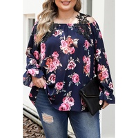 Navy Blue Plus Size Crochet Detail Cold shoulder Floral Blouse - 1X thumbnail