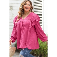 Pink Crinkle Ruffled V Neck Plus Size Blouse - 1X thumbnail
