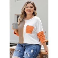 Chestnut Plus Size Color Block Textured Patchwork Top with Pocket - 1X thumbnail