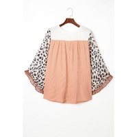 Khaki Printed Plus Ruffle Leopard Sleeve Waffled Color Block Top - 1X thumbnail