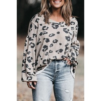 Gray Printed Leopard Balloon Sleeve Thermal Knit Plus Size Top - 1X thumbnail