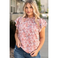 Pink Plus Size Floral Print Ruffled Sleeve Frilled Neck Blouse - 1X thumbnail