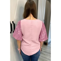 Pink Contrast Sequin Bubble Sleeve Plus Size T-shirt - 1X thumbnail