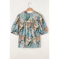 Multicolour Plus Size Floral Print Half Sleeve Slit Neck Blouse - 2X thumbnail