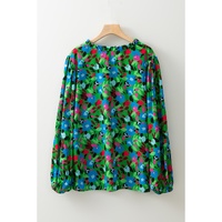 Green Plus Size Floral Bubble Sleeve V Neck Blouse - 2X thumbnail