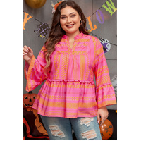 Vitality Orange Plus Size Geometric Printed Bell Sleeve Babydoll Blouse - 1X thumbnail