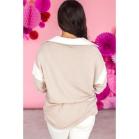 Parchment Corded Colorblock Long Sleeve Slit V Neck Plus Top - 1X thumbnail
