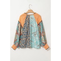 Green Floral Patchwork Lantern Sleeve Buttoned V Neck Plus Size Blouse - 2X thumbnail