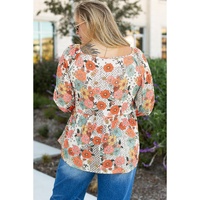 Khaki Plus Size Flower Print Square Neck Peplum Blouse - 1X thumbnail