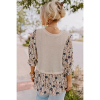 Beige Faux Two Piece Knit Patchwork Floral Print Plus Size Top - 1X thumbnail