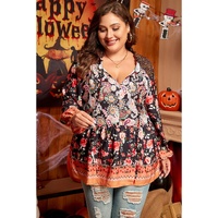 Black Plus Size Paisley Floral Print V Neck Bubble Sleeve Blouse - 1X thumbnail