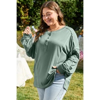 Seagrass Plus Size Exposed Seam Drop Shoulder Henley Top - 1X thumbnail