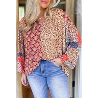 Orange Floral Geometric Patchwork Lace-up Crewneck Plus Size Blouse - 1X thumbnail