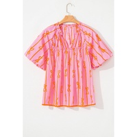 Rose Bowknot Print Shirred V Neck Puff Sleeve Plus Size Blouse - 2X thumbnail