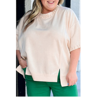 Beige Pearl Decor Crew Neck Half Sleeve Plus Size T Shirt - 3X thumbnail