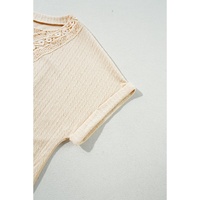 Beige Lace Crochet Patched Cable Textured Cuffed Short Sleeve Plus Size Top - 1X thumbnail