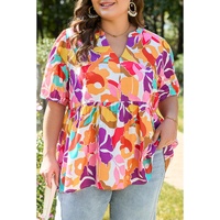Pink Plus Size Floral Print V Neck Fit and Flare Blouse - 2X thumbnail