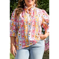Pink Floral Ruffled Collar Bracelet Sleeve Plus Size Blouse Top - 1X thumbnail