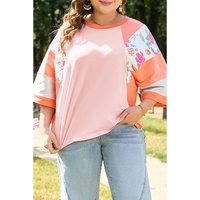 Orange Plus Size Floral Print Patchwork Raglan Half Sleeve Top - 1X thumbnail
