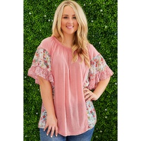 Pink Plus Size Floral Patchwork Ruffled Short Sleeve Blouse - 1X thumbnail